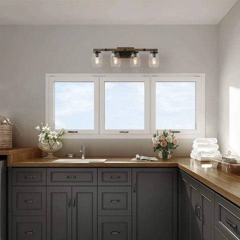 Rustic Farmhouse Vanity Light With Mason Jar Glass Shades Four Light Wall Sconces Faux Wood Finish 29 Inch Bathroom Lighting