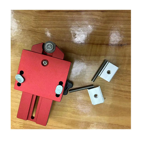 Extended Thin Rip Jig Fence Guide with red aluminum body and accessories for precise narrow strip cuts on table saws.