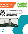 Buckley Hill Cedar Wood Swing Set With Wave Slide assembly instruction QR code, Backyard Discovery logo, BILT app download prompt.