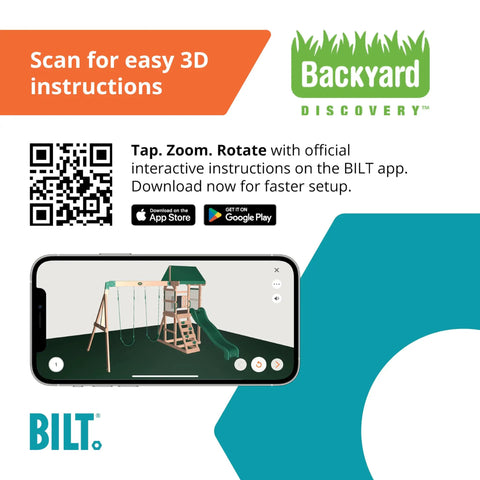 Buckley Hill Cedar Wood Swing Set With Wave Slide assembly instruction QR code, Backyard Discovery logo, BILT app download prompt.