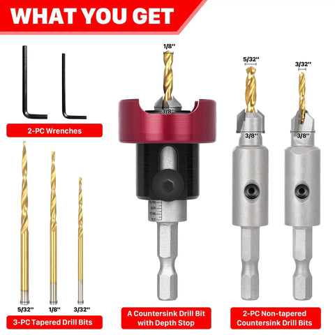 Image showing Six Piece Carbide Tipped Countersink Drill Bit Set With 82 Degree Countersinks And 3 32nd, 1 8th, And 5 32nd Inch Bits