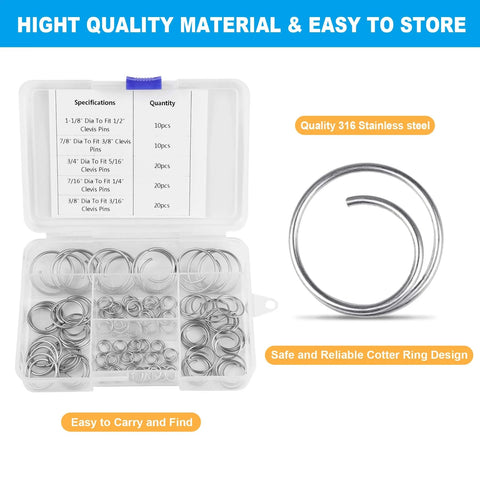 80 Pcs Stainless Steel Cotter Ring Kit With 5 Sizes Durable 316 Stainless Steel Split Rings For Clevis Pins Marine And Trailer Hardware Must Have For Hitch Pin Lock Systems shown in a storage box with rings on display.
