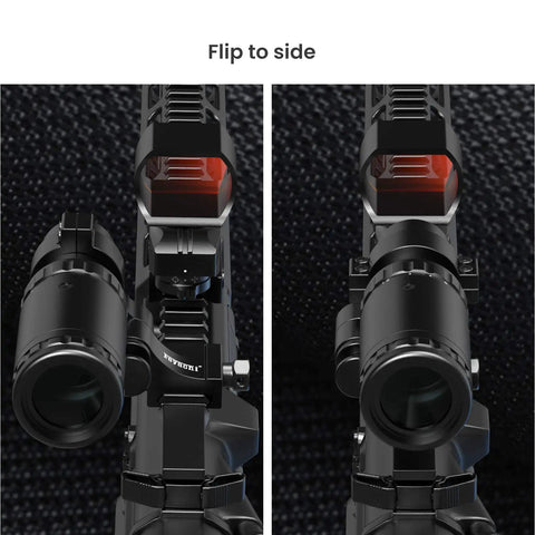 RS-30 Reflex Sight Red Dot And Magnifier Combo with Multiple Reticle System built in flip mount, front view on rifle