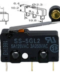 SS5GL2 Micro Limit Switch 125 VAC 5A Hinged Roller Momentary Snap Action Black close-up with technical diagram