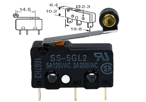 SS5GL2 Micro Limit Switch 125 VAC 5A Hinged Roller Momentary Snap Action Black close-up with technical diagram