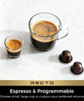 RectoCafé Espresso Machine For Nespresso Original Capsule Pods showing brewed coffee in a glass mug and shot glass with pods.