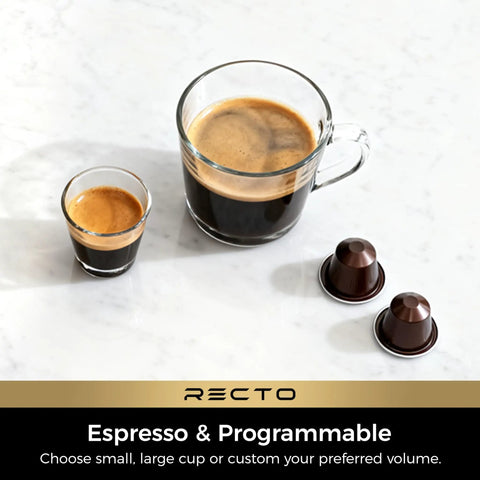 RectoCafé Espresso Machine For Nespresso Original Capsule Pods showing brewed coffee in a glass mug and shot glass with pods.