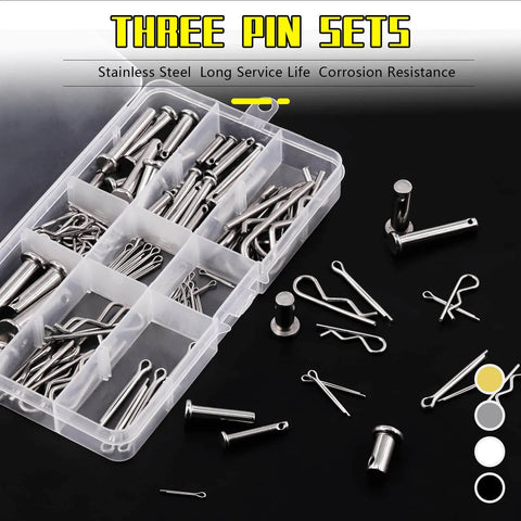 122 Piece Clevis Pin And Cotter Pin Kit All In One With 15 Sizes In 304 Stainless Steel shown with organized compartments