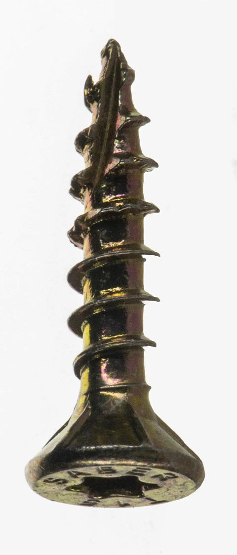 Heavy Duty Size Six By Three Quarter Inch Yellow Zinc Steel Bugle Head Screws With Slick T15 Torx Star Drive, close-up view.