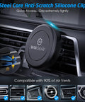 Two Pack Magnetic Phone Holder For Car Universal Air Vent Mount installed on car vent with close-up of steel core silicone clip