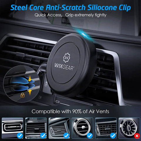 Two Pack Magnetic Phone Holder For Car Universal Air Vent Mount installed on car vent with close-up of steel core silicone clip