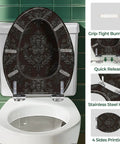 Elongated Gothic Resin Toilet Seat for Bathroom, dark floral design, grip-tight bumpers, stainless steel hinges.