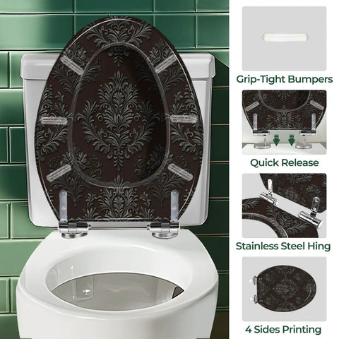 Elongated Gothic Resin Toilet Seat for Bathroom, dark floral design, grip-tight bumpers, stainless steel hinges.