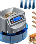 Slick Automatic Coin Counter And Wrapping Machine Featuring No Fuss LCD Screen and Fast Lane Sorting Action with coins and tubes.