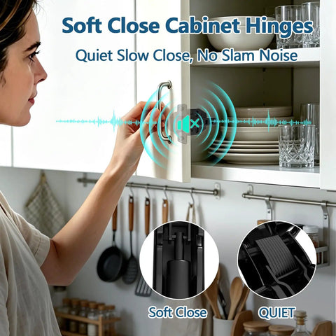 Person using 4 Pack Frameless Soft Close Cabinet Hinges With 110 Degree 3D Adjustable Concealed European Design in kitchen