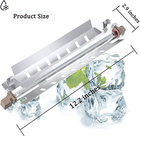 Plug And Play Complete Refrigerator Defrost Heater Kit Includes WR51X10055 shown on ice with dimensions labeled