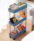 Three Tier Slim Mobile Shelving Unit On Wheels With Slide Out Storage Cart For Kitchen Bathroom Laundry Room And Small Nooks In Narrow Spaces Navy Blue Ultimate Utility Cart Organizer with snacks stored