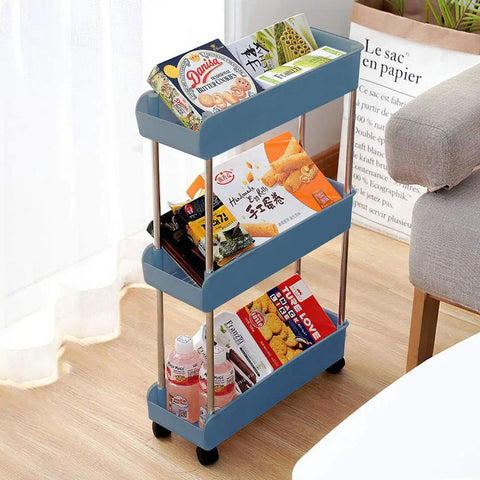 Three Tier Slim Mobile Shelving Unit On Wheels With Slide Out Storage Cart For Kitchen Bathroom Laundry Room And Small Nooks In Narrow Spaces Navy Blue Ultimate Utility Cart Organizer with snacks stored