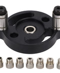 Pro Grade Self Centering Doweling Jig With Eight Precision Drill Bushings And Hole Punch Locator For Smooth Wood Assembly Built Tough From Rust Proof Aluminum Alloy For Hassle Free Dead On Results Black, close-up view of jig base and bushings.