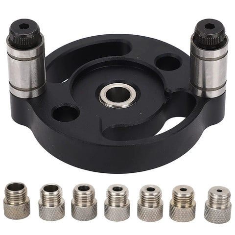 Pro Grade Self Centering Doweling Jig With Eight Precision Drill Bushings And Hole Punch Locator For Smooth Wood Assembly Built Tough From Rust Proof Aluminum Alloy For Hassle Free Dead On Results Black, close-up view of jig base and bushings.