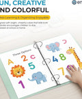 Child's hand on Two Inch Three Ring Binder With Clear View Cover And Two Inside Pockets A Real Go To Everyday Workhorse That Holds Up To 400 Sheets Of Letter Size Paper Assorted Colors 6 Pack Great For School Office And Home Organization, showing colorful animal graphics inside the binder.