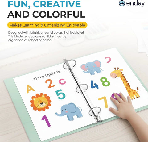 Child's hand on Two Inch Three Ring Binder With Clear View Cover And Two Inside Pockets A Real Go To Everyday Workhorse That Holds Up To 400 Sheets Of Letter Size Paper Assorted Colors 6 Pack Great For School Office And Home Organization, showing colorful animal graphics inside the binder.