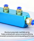 Four Piece Two Way Five Port Aluminum Air Compressor Manifold with One Quarter Inch Output Port on white surface