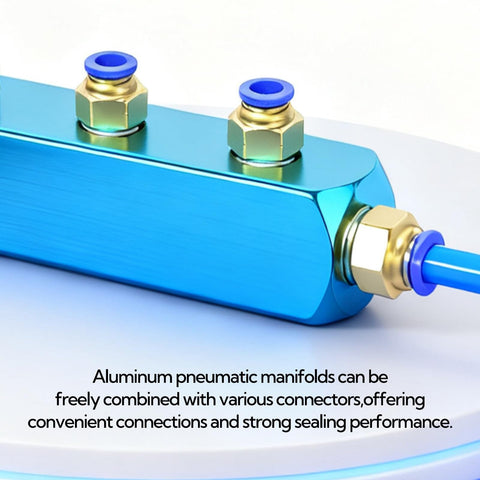 Four Piece Two Way Five Port Aluminum Air Compressor Manifold with One Quarter Inch Output Port on white surface