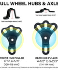 Diagram of Pro Grade Universal Front Wheel Bearing Puller and Rear Axle Puller Kit, showing front and rear hub pullers sizes.