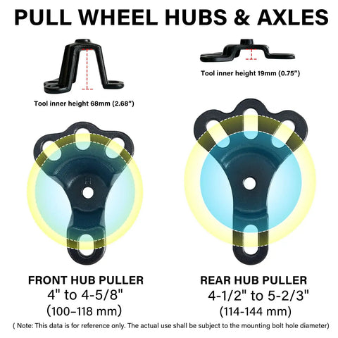 Diagram of Pro Grade Universal Front Wheel Bearing Puller and Rear Axle Puller Kit, showing front and rear hub pullers sizes.