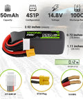 Beefy 14.8V 100C 5500mAh 4S LiPo Battery with XT30 plug diagram for RC cars drones and planes, high discharge power, lightweight 61g.