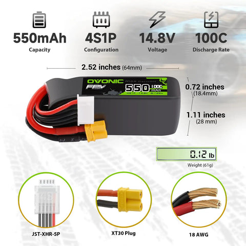 Beefy 14.8V 100C 5500mAh 4S LiPo Battery with XT30 plug diagram for RC cars drones and planes, high discharge power, lightweight 61g.