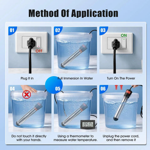Portable 2000W Immersion Water Heater With Automatic Safety Shutoff Dead Simple Setup For Small Pool Foot Bath Rubber Tub And Camping No Drama Warm Water Solution usage steps visual guide.