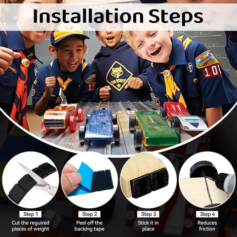 Kids racing model cars using Go-To Pinewood Derby Weights Kit With Lead Free 4 Ounce Car Weights And Half Ounce Graphite Powder Graphite