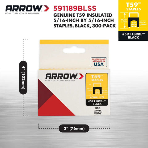 T59 Insulated Stainless Steel Cable Staples Five Sixteenth Inch Leg By Five Sixteenth Inch Crown For Data And Communications Wiring CAT Five CAT Six RG Six RG Nine Coax And Phone Cables Black 300 Count Heavy Duty Fast Install packaging