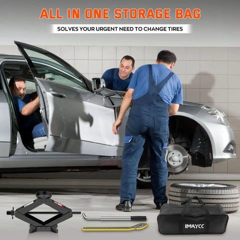 Heavy Duty Scissor Jack Serving Up 3 Ton Lift Capacity With Slick Non Slip Platform For No Sweat Tire Rotations Portable Auto Repair Kit Includes Lug Wrench For Cars Trucks Suvs in use by two men with tire.
