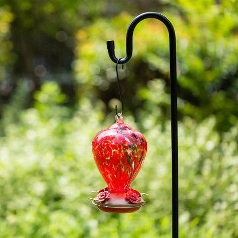 34 Oz Hand Blown Glass Hummingbird Feeder with Ant Moat hanging on a stand in a garden, red floral balloon style with metal base.