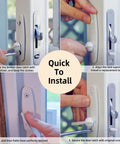 Installation steps for Heavy Duty White Gliding Door Thumb Latch Replacement For Andersen Patio Doors with tool and latch detail.