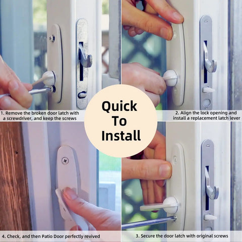 Installation steps for Heavy Duty White Gliding Door Thumb Latch Replacement For Andersen Patio Doors with tool and latch detail.