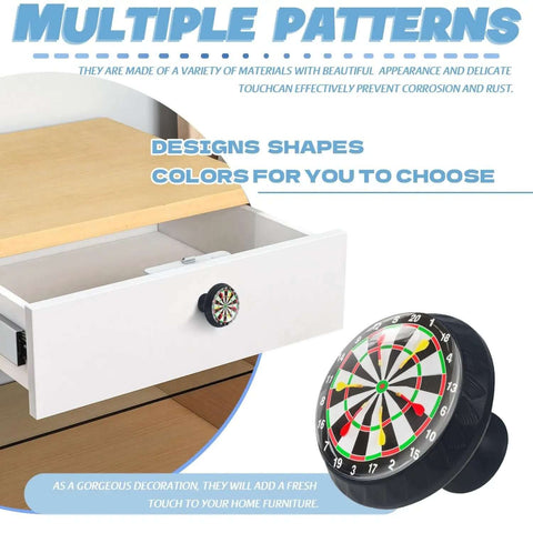 Unique dartboard design cabinet knob on open drawer adds fun and stylish decor, transforming furniture with personality.
