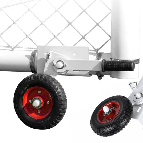 Close-up of Smooth Rolling No Sweat Soccer Goal Dolly With High Lift Puncture Proof Tires, showcasing red wheels and mounting detail.