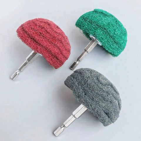 Three heads of Six Piece Non Woven Abrasive Buffing And Polishing Wheel Drill Attachment Set in red, green, gray.