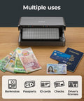 Counterfeit Bill Detector With Dual UV LED Lights For All Currencies And ID Verification, Auto On Off, Rechargeable Battery, showing multiple uses with passports, banknotes, and ID cards on a wooden surface.