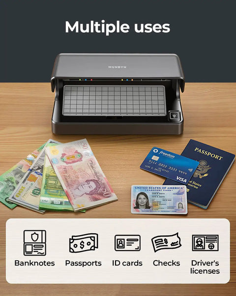 Counterfeit Bill Detector With Dual UV LED Lights For All Currencies And ID Verification, Auto On Off, Rechargeable Battery, showing multiple uses with passports, banknotes, and ID cards on a wooden surface.