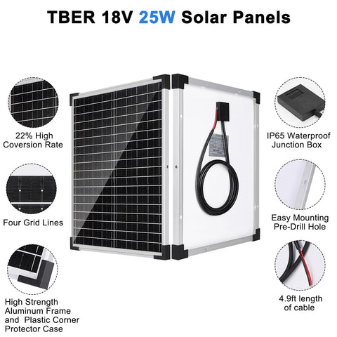 25W 12V Solar Panel Kit With 10A Charge Controller And Extension Cables Off Grid Battery Clips And O Ring Terminal