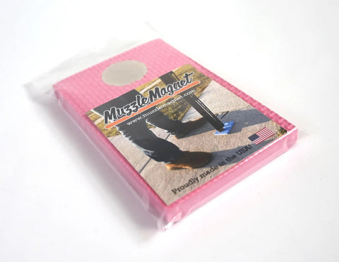Pink packaging of Magnetic Foam Gun Muzzle Rest for Trap Skeet Five Stand and Sporting Clays, made in USA.