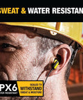 Worker wearing Heavy Duty Bluetooth Neckband Headphones for Jobsite Use with 30 Hour Runtime and Noise Isolation. IPX6 resistant.