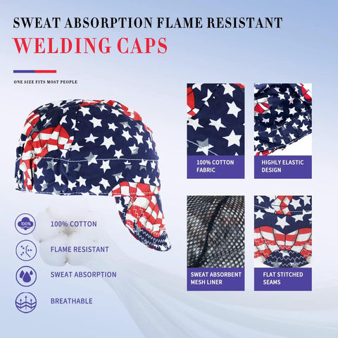 Three Pack 100 Percent Cotton Welding Cap For Men With Mesh Liner Sweat Wicking Breathable And Flame Resistant Welders Cap With Elastic Back Built For All Day Comfort, showing cap design and features.
