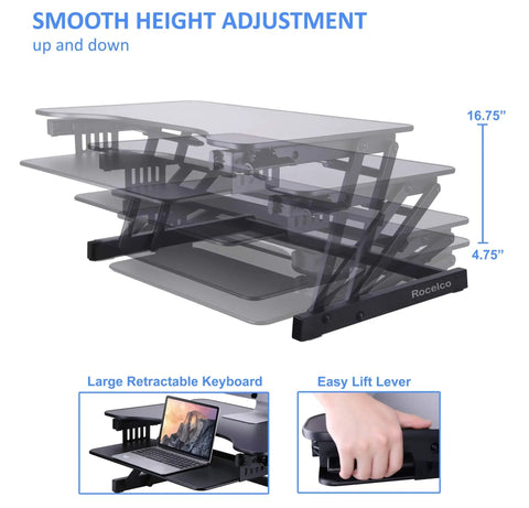 32 Inch Height Adjustable Standing Desk Converter With Slide Out Keyboard Tray and Dual Monitor Riser showing height adjustment mechanics.