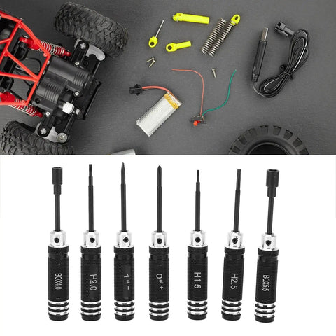 7 Piece Hex Slot Cross Bit Set with High Speed Steel Bits and Aluminum Alloy Handles for RC Models and Robot Maintenance